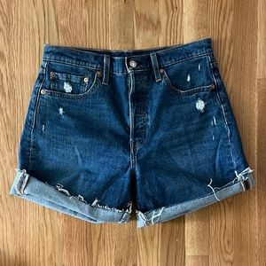 Levis 501 Distressed Blue Jean shorts With 5 Buttons Up The Front With Cuff S 29